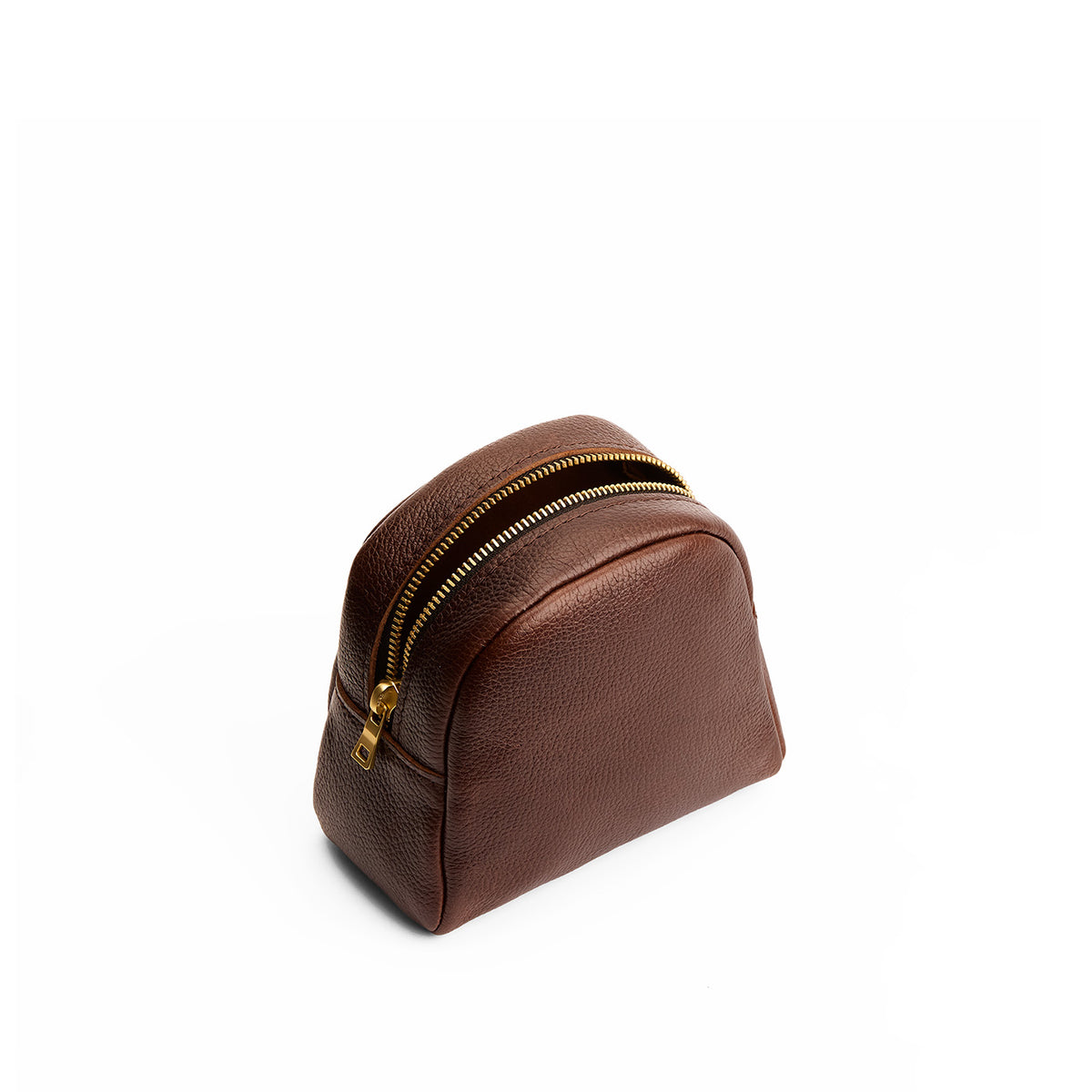 Coldbrew | Curved top leather pouch with zipper opening, flat base, and three metal tree emblems in front