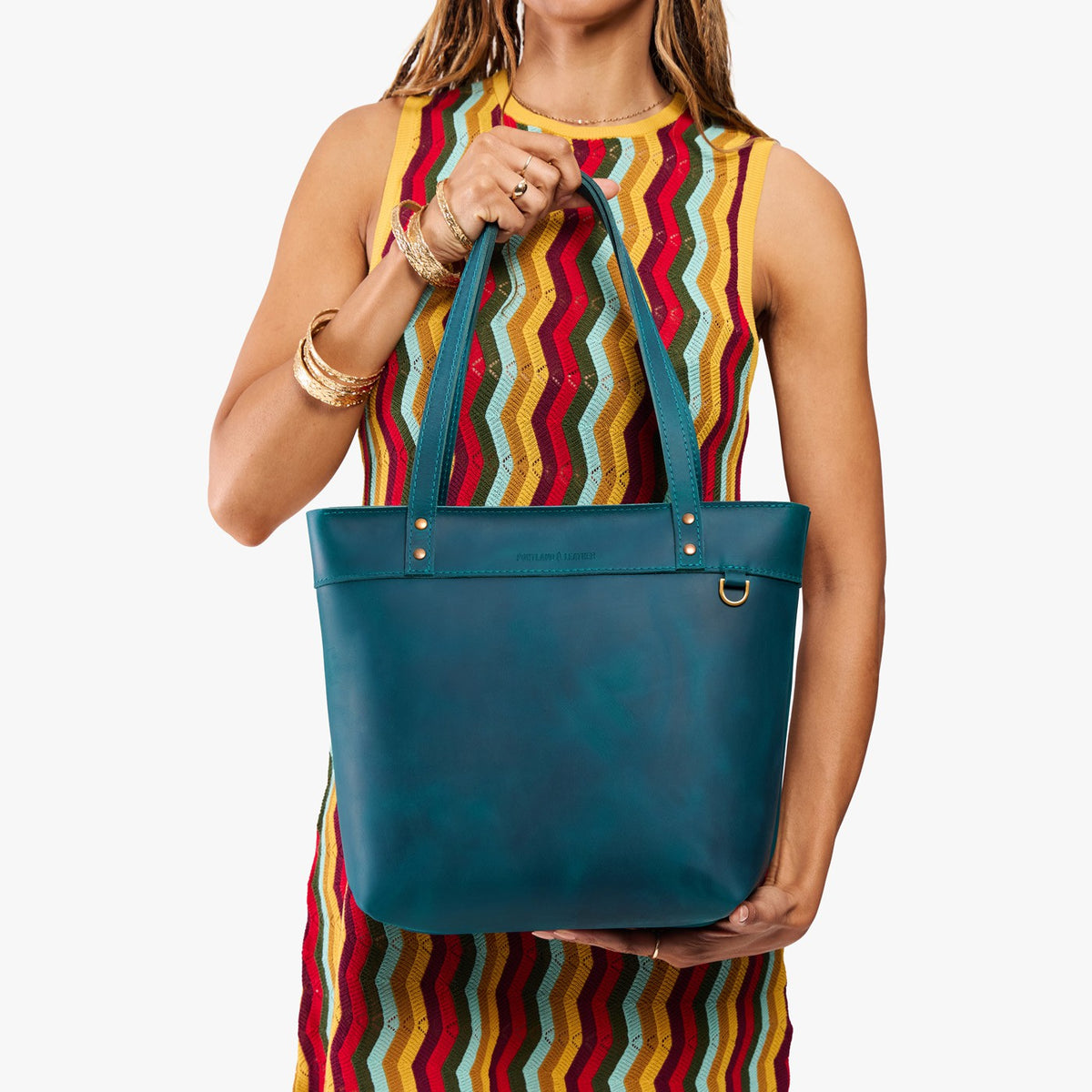 Westward Blue*Medium*Zipper | Leather tote bag with riveted straps and exterior key loop