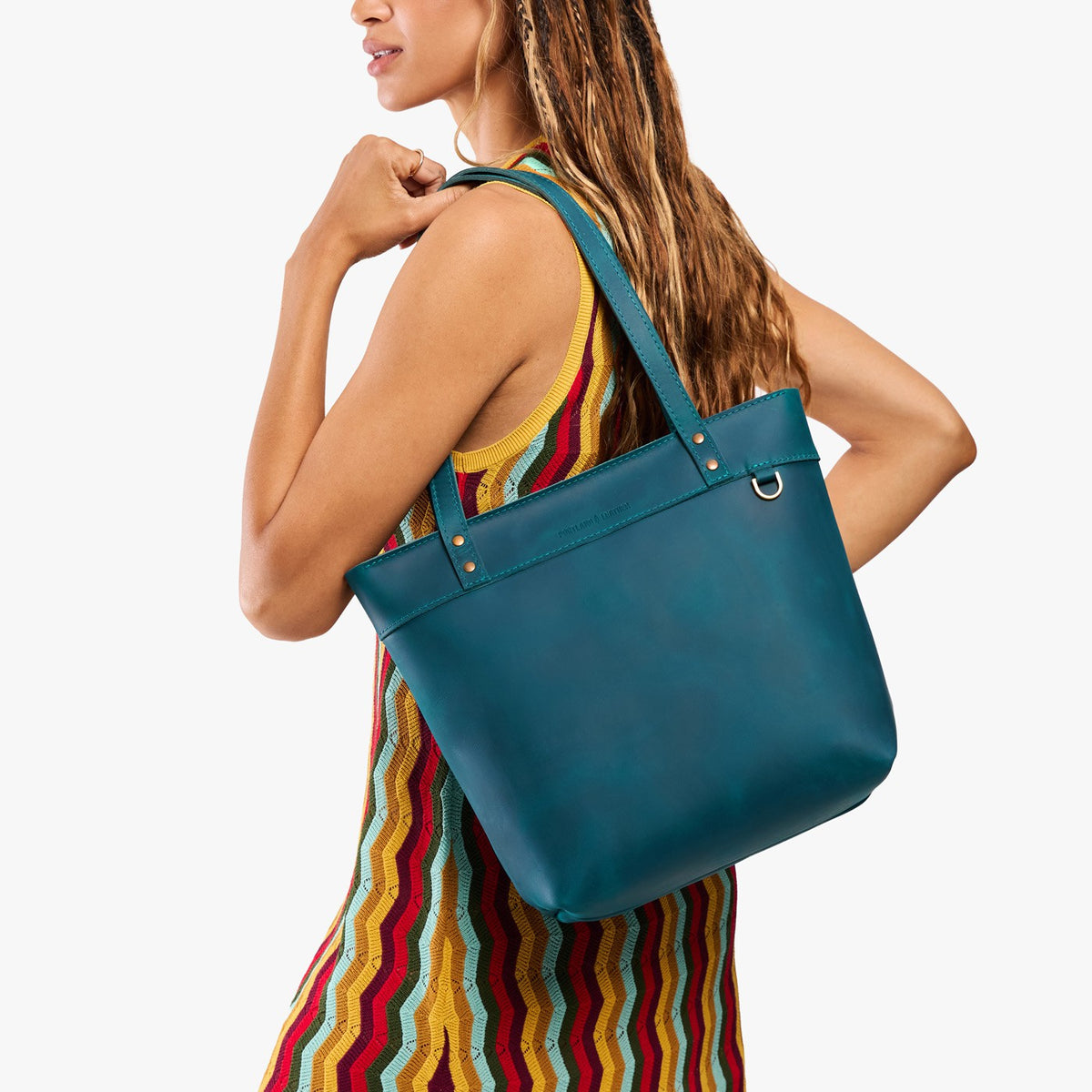 Westward Blue*Medium*Zipper | Leather tote bag with riveted straps and exterior key loop