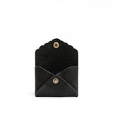 Black | Small leather wallet with scalloped edge open